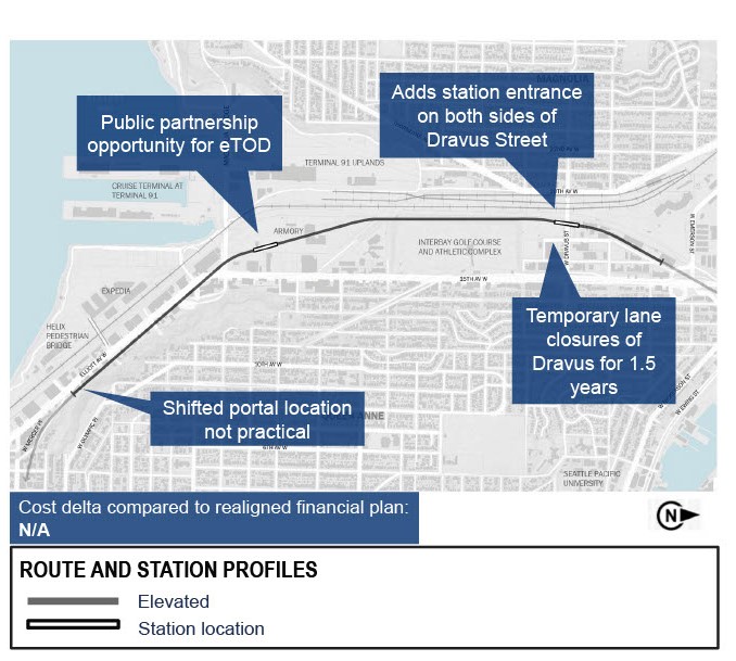 Map of Ballard and Interbay proposed 15th Avenue transit station in right-of-way.