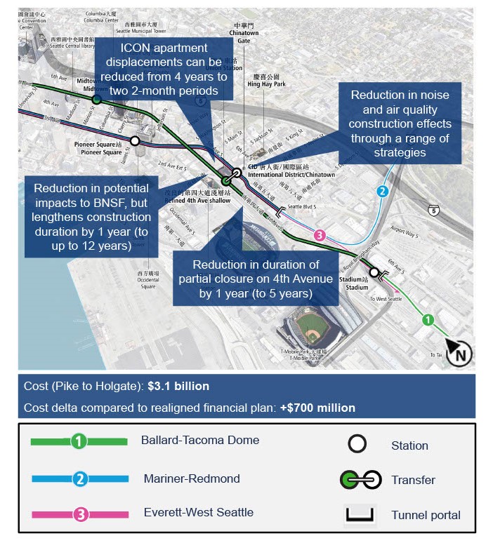 A map of the proposed 4th Ave Shallow Alternative, which explores station and alignment options to maximize community benefits while minimizing costs and impact.