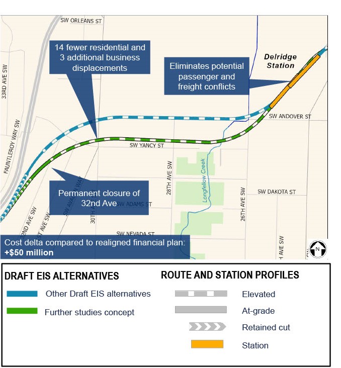 Map of proposed Delridge access, integration and alignment refinement, which shifts alignment south towards SW Yancy Steet to improve passenger access and transit integration and reduce effects to organizations serving low-income and communities of color.