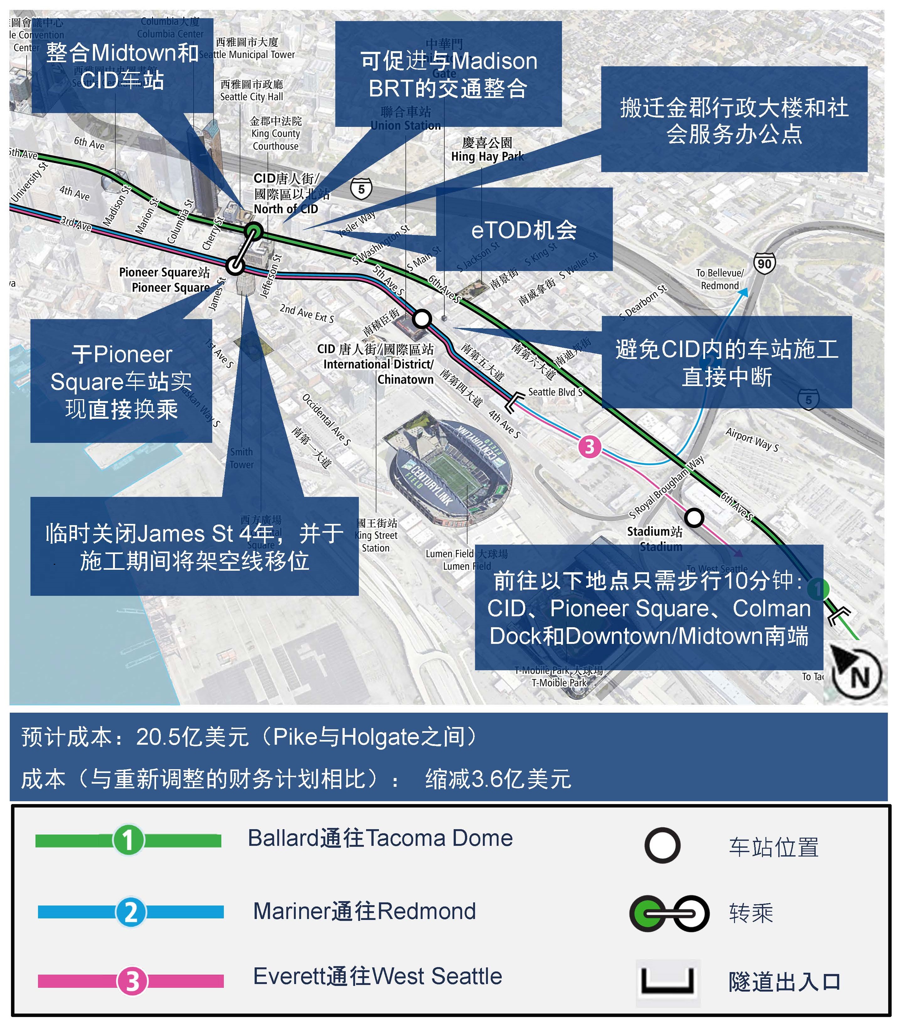 A map of the proposed 4th Ave Shallow Alternative, which explores station and alignment options to maximize community benefits while minimizing costs and impact.