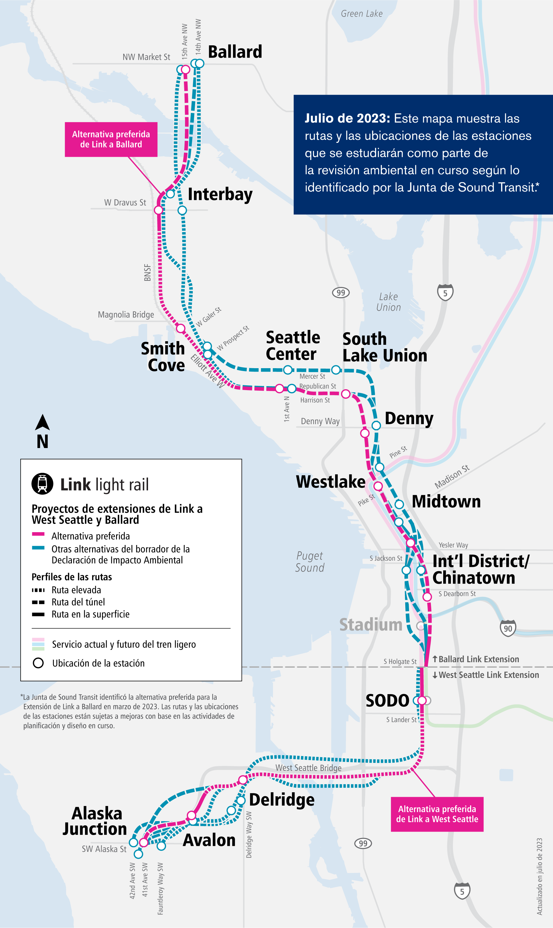 Una imagen del mapa del proyecto de las extensiones de Link a West Seattle y Ballard que muestra las alternativas preferidas y otras alternativas que estamos evaluando actualmente. El mapa también incluye las ubicaciones de las estaciones, y describe si una alternativa está elevada, en túnel o a nivel de calle. />