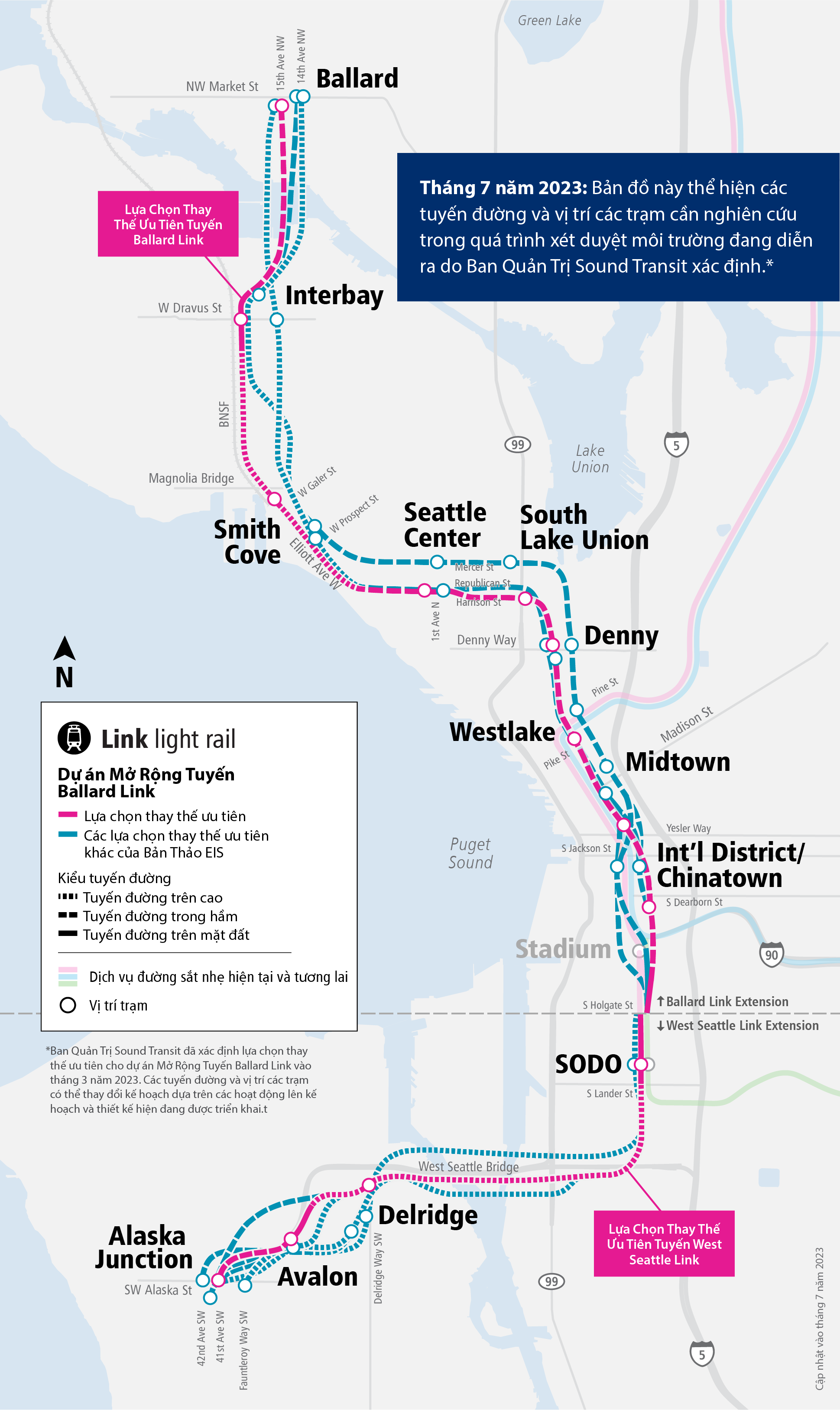 Hình ảnh minh hoạ bản đồ các dự án Mở Rộng Tuyến West Seattle và Ballard Link, trong đó trình bày các lựa chọn thay thế ưu tiên và những lựa chọn thay thế khác hiện đang được chúng tôi đánh giá. Bản đồ cũng bao gồm vị trí các trạm và mô tả liệu lựa chọn thay thế sẽ được bố trí trên cao, trong đường hầm hay đồng mức.