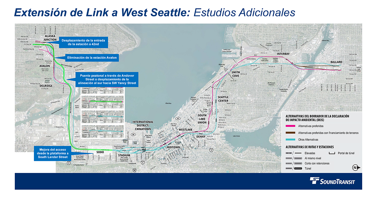 A map with three call-out boxes that highlight further studies in West Seattle.