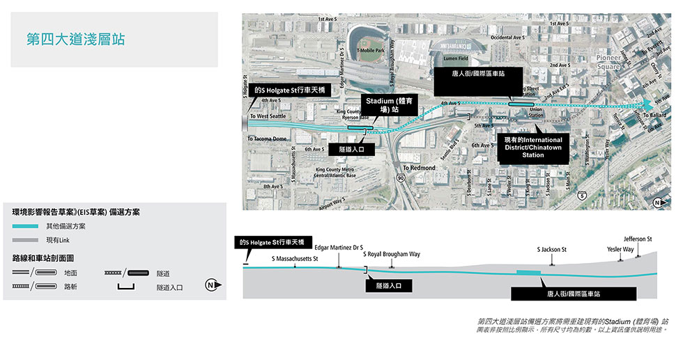 Chinatown-International District區段4th Avenue淺層備選方案的地圖和剖面圖，其中顯示了擬議的路線和高架剖面圖。更多詳細資訊請參閱以上文字說明。  點擊放大