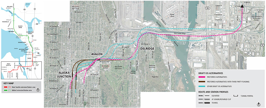 Map of the West Seattle segment, including stations at Delridge, Avalon and Alaska Junction. Map includes preferred alternatives, preferred alternatives with third party funding and other draft environmental impact statement alternatives to study during environmental review.