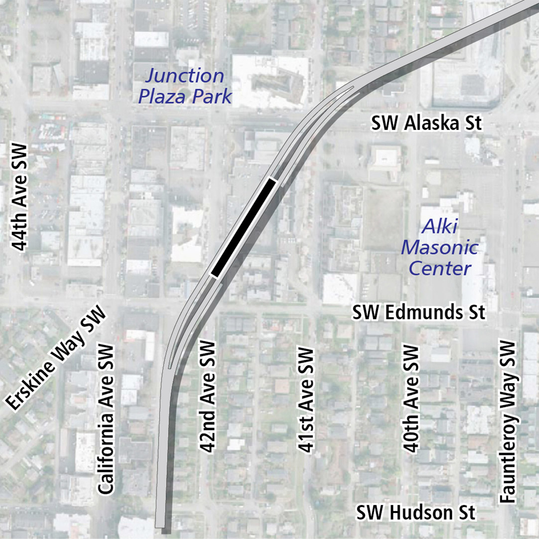 Mapa con rectángulo negro que indica la ubicación de la estación orientada diagonalmente entre 42nd Avenue Southwest y 41st Avenue Southwest. Las etiquetas del mapa muestran Junction Plaza Park, Jefferson Square y Alki Masonic Center en las cercanías.