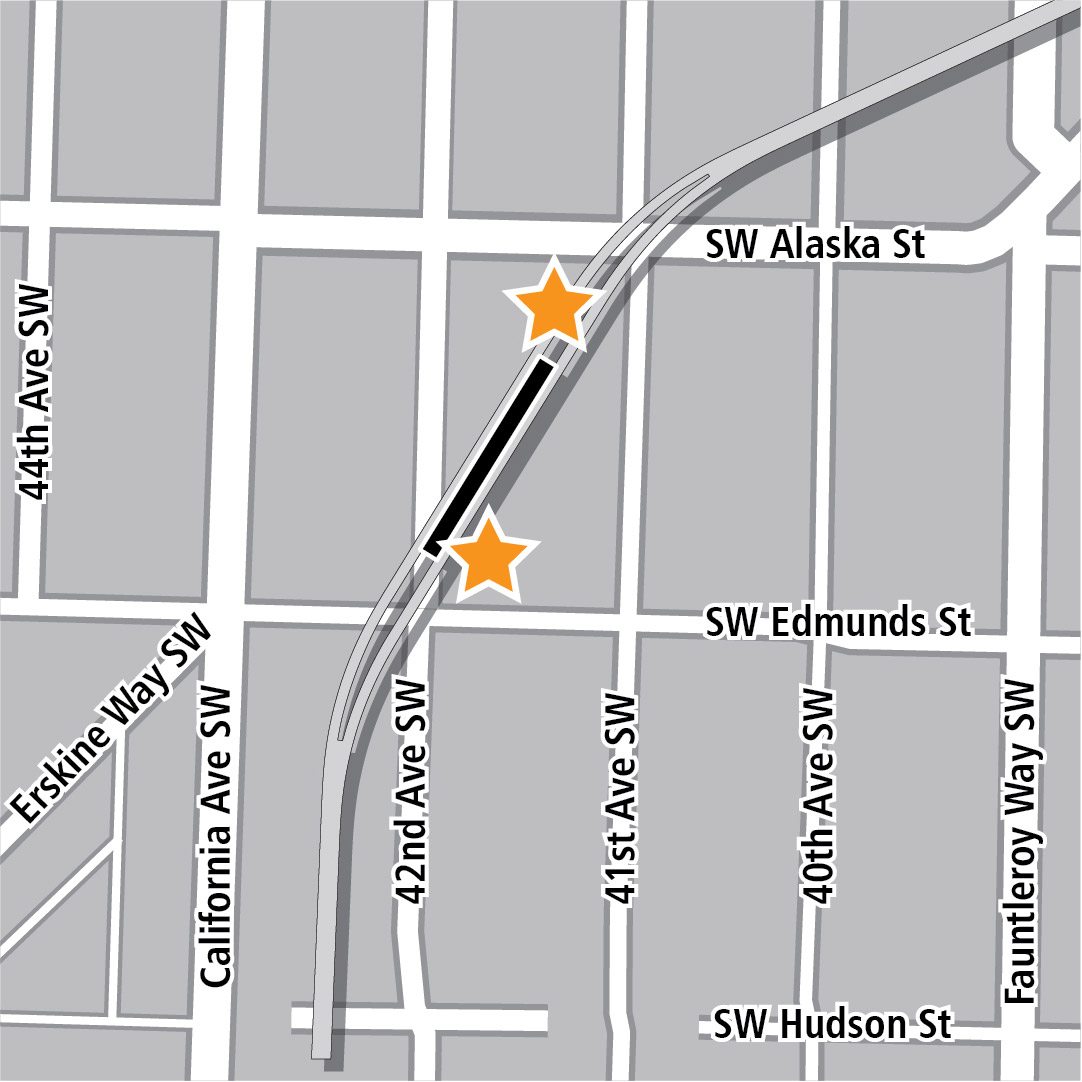地图上以黑色长方形标明位于42nd Avenue Southwest和41st Avenue Southwest之间对角线方向上的车站位置，而黄色星号则表示两个车站的入口区域。 