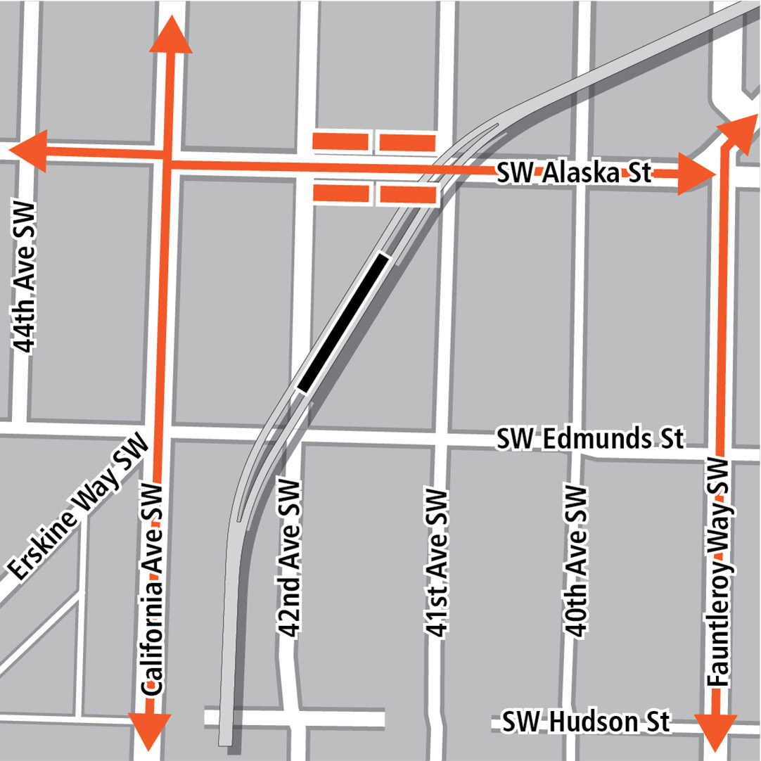 Map with black rectangle indicating station location oriented diagonally between 42nd Avenue Southwest and 41st Avenue Southwest, orange rectangles indicating bus stops and orange lines indicating bus routes on California Avenue Southwest, Southwest Alaska Street and Fauntleroy Way Southwest.