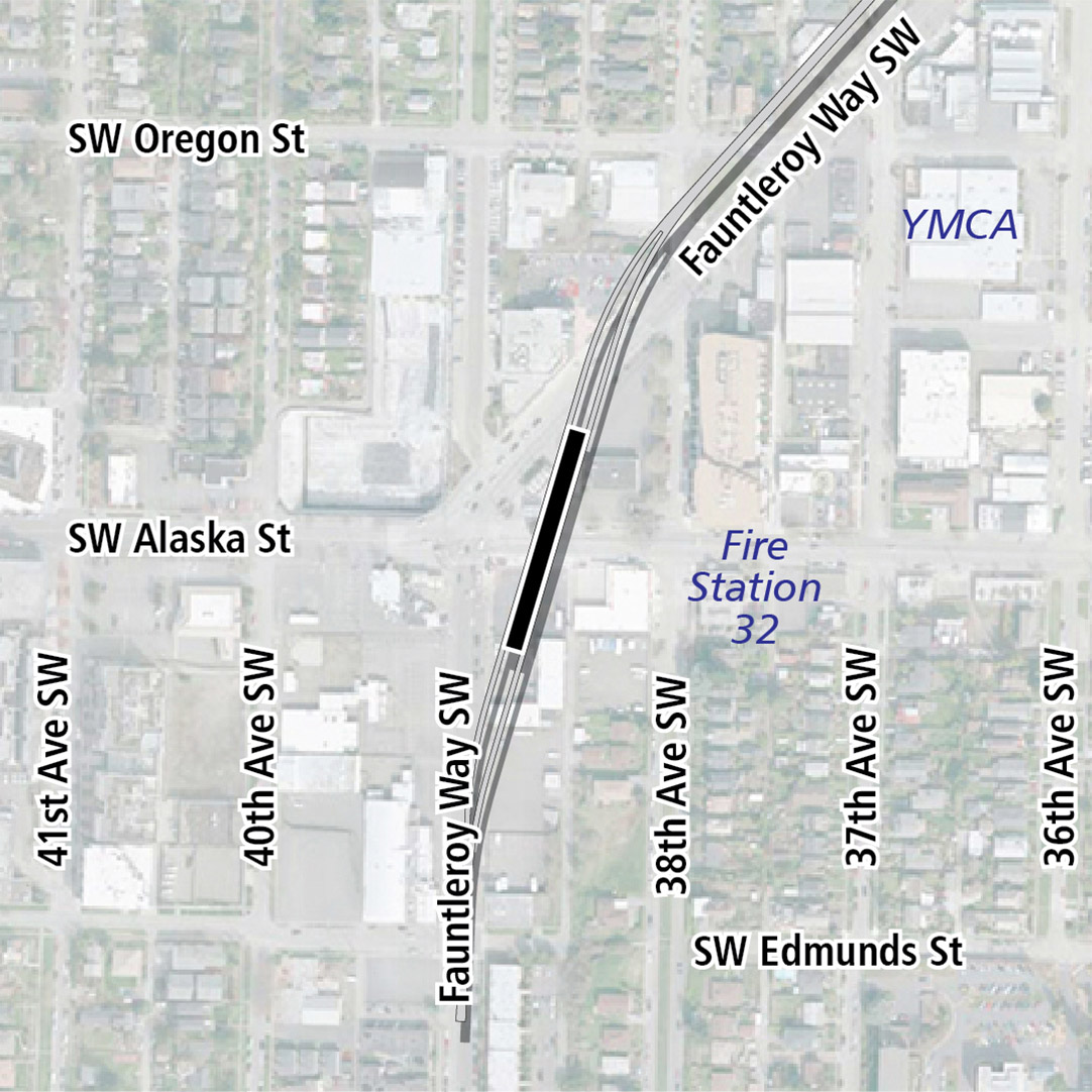 Map with black rectangle indicating station location on Fauntleroy Way Southwest. Map labels show Fauntleroy Place and Fire Station 32 nearby.  