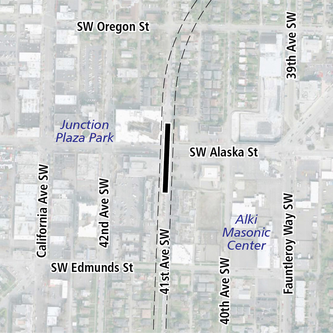 Vẽ bản đồ có hình chữ nhật màu đen biểu thị vị trí trạm ga 41st Avenue Southwest. Nhãn ký hiệu trên bản đồ biểu thị Junction Plaza Park, Jefferson Square, Trader Joe's và Alki Masonic Center ở gần đó. 