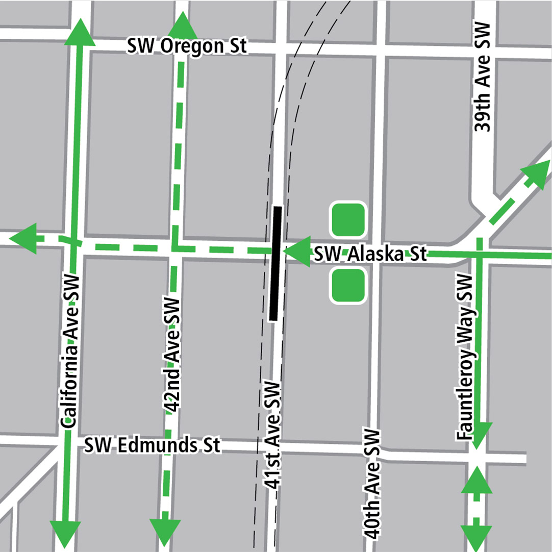 Map with black rectangle indicating station location on 41st Avenue Southwest, green lines indicating existing bike routes, dashed green lines for planned bike routes and green squares indicating bike storage areas.