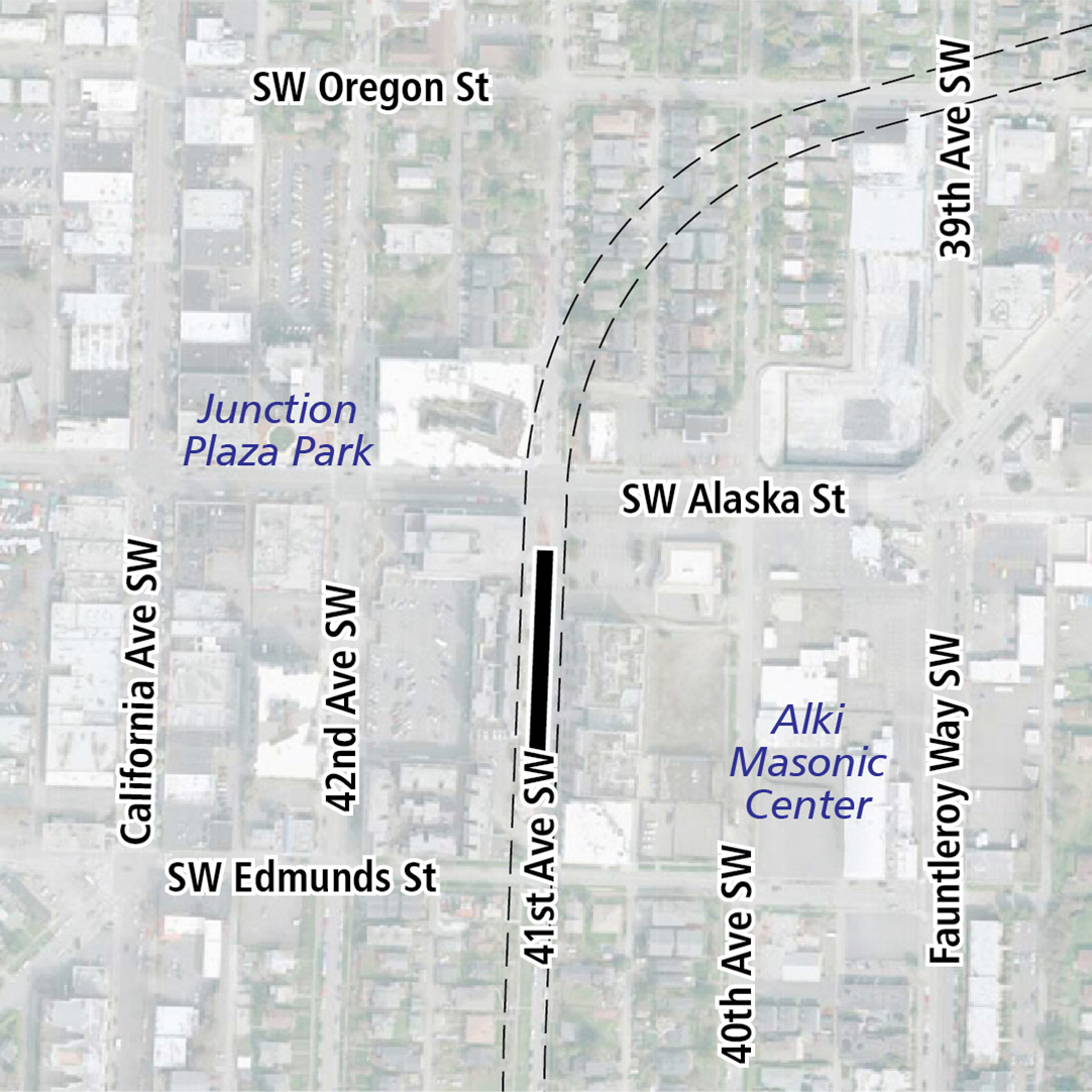 Vẽ bản đồ có hình chữ nhật màu đen biểu thị vị trí trạm ga 41st Avenue Southwest. Nhãn ký hiệu trên bản đồ biểu thị Junction Plaza Park, Jefferson Square, Trader Joe's và Alki Masonic Center ở gần đó. 