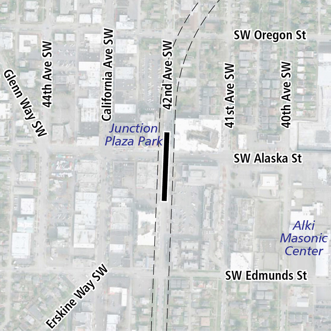 Vẽ bản đồ có hình chữ nhật màu đen biểu thị vị trí trạm ga 42nd Avenue Southwest. Nhãn ký hiệu trên bản đồ biểu thị Junction Plaza Park, Jefferson Square và Alki Masonic Center ở gần đó. 