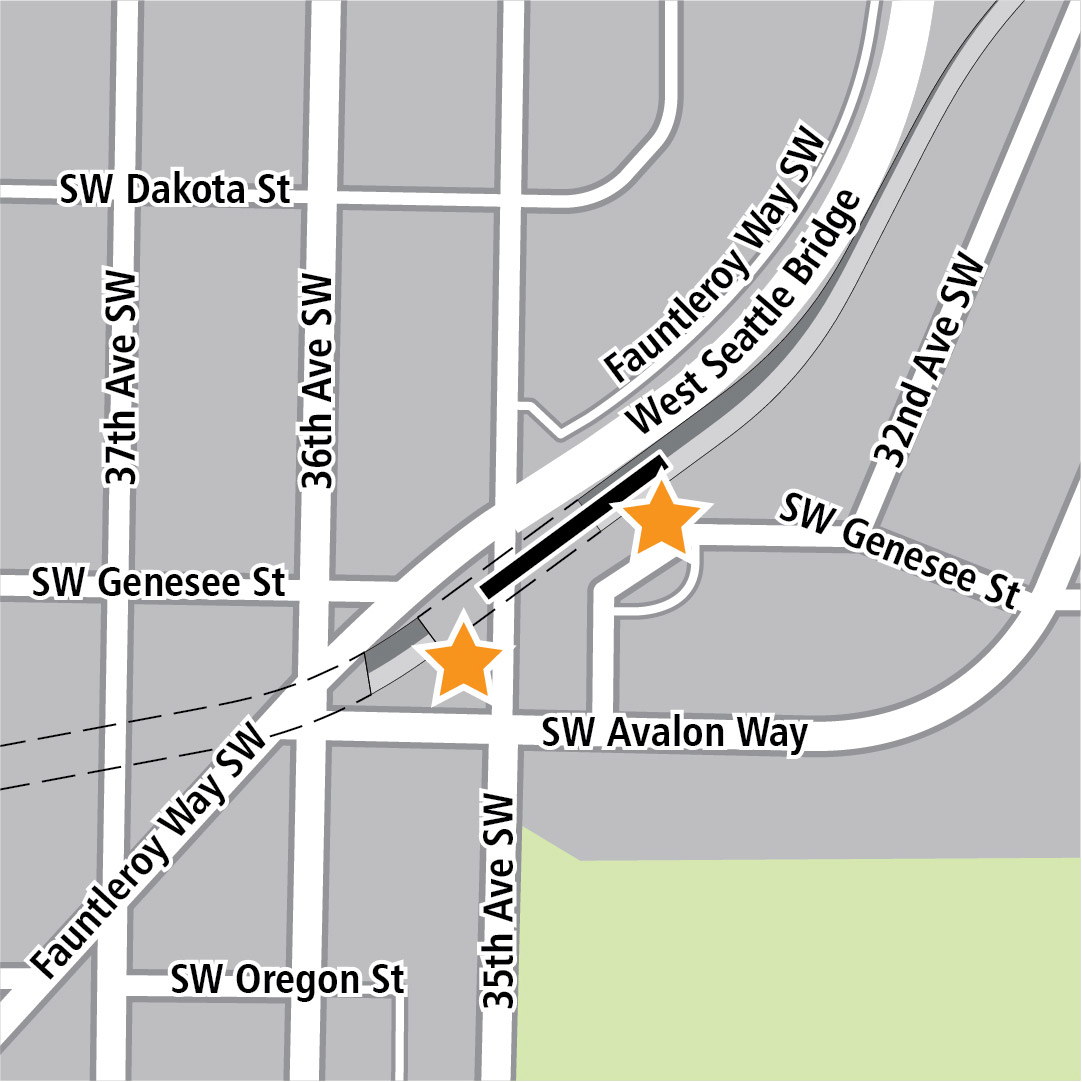 地圖上以黑色長方形標明位於Fauntleroy Way Southwest上的車站位置，而黃色星號則表示兩個車站的入口區域。 