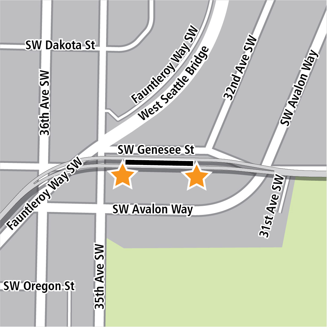 Mapa con un rectángulo negro que indica la ubicación de la estación en Southwest Genesee Street y estrellas amarillas que indican dos áreas de entrada a la estación. 