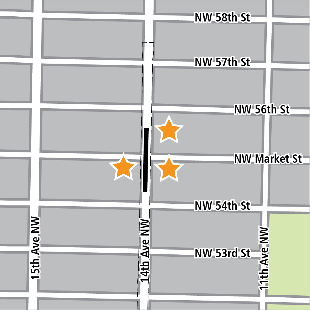 Vẽ bản đồ có hình chữ nhật màu đen biểu thị vị trí trạm ga 14th Avenue Northwest và các ngôi sao màu vàng biểu thị ba khu vực vào trạm ga. 