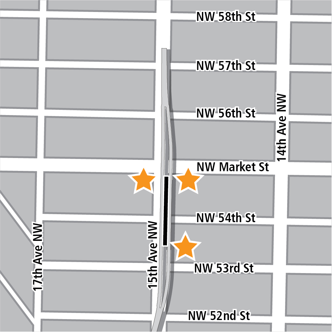 Mapa con un rectángulo negro que indica la ubicación de la estación sobre 15th Avenue Northwest y estrellas amarillas que indican las tres áreas de entrada de la estación.