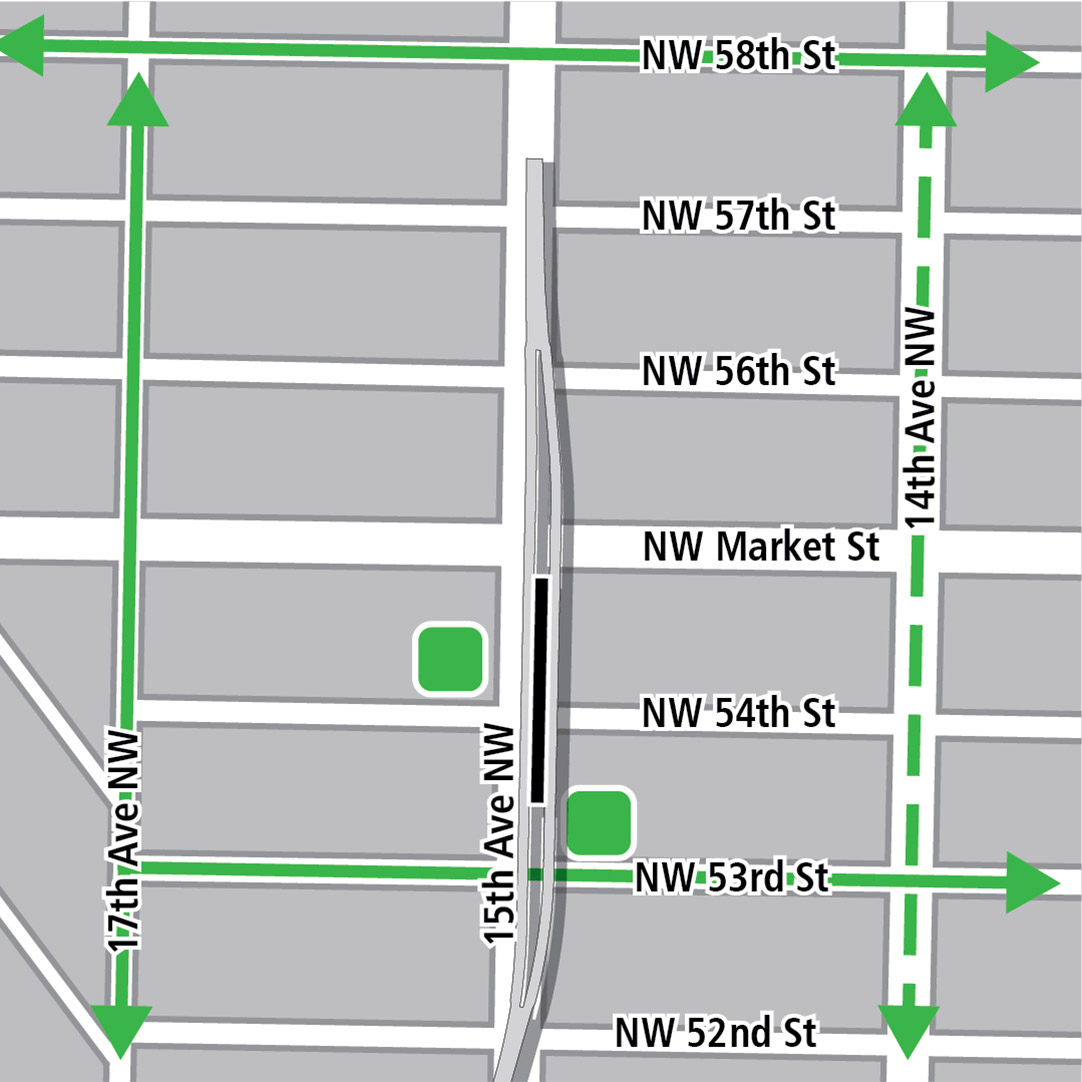 Mapa con rectángulo negro que indica la ubicación de la estación en 15th Avenue Northwest, líneas verdes que indican las ciclovías existentes, líneas verdes discontinuas para las ciclovías planeadas y cuadros verdes que indican áreas de almacenamiento de bicicletas.