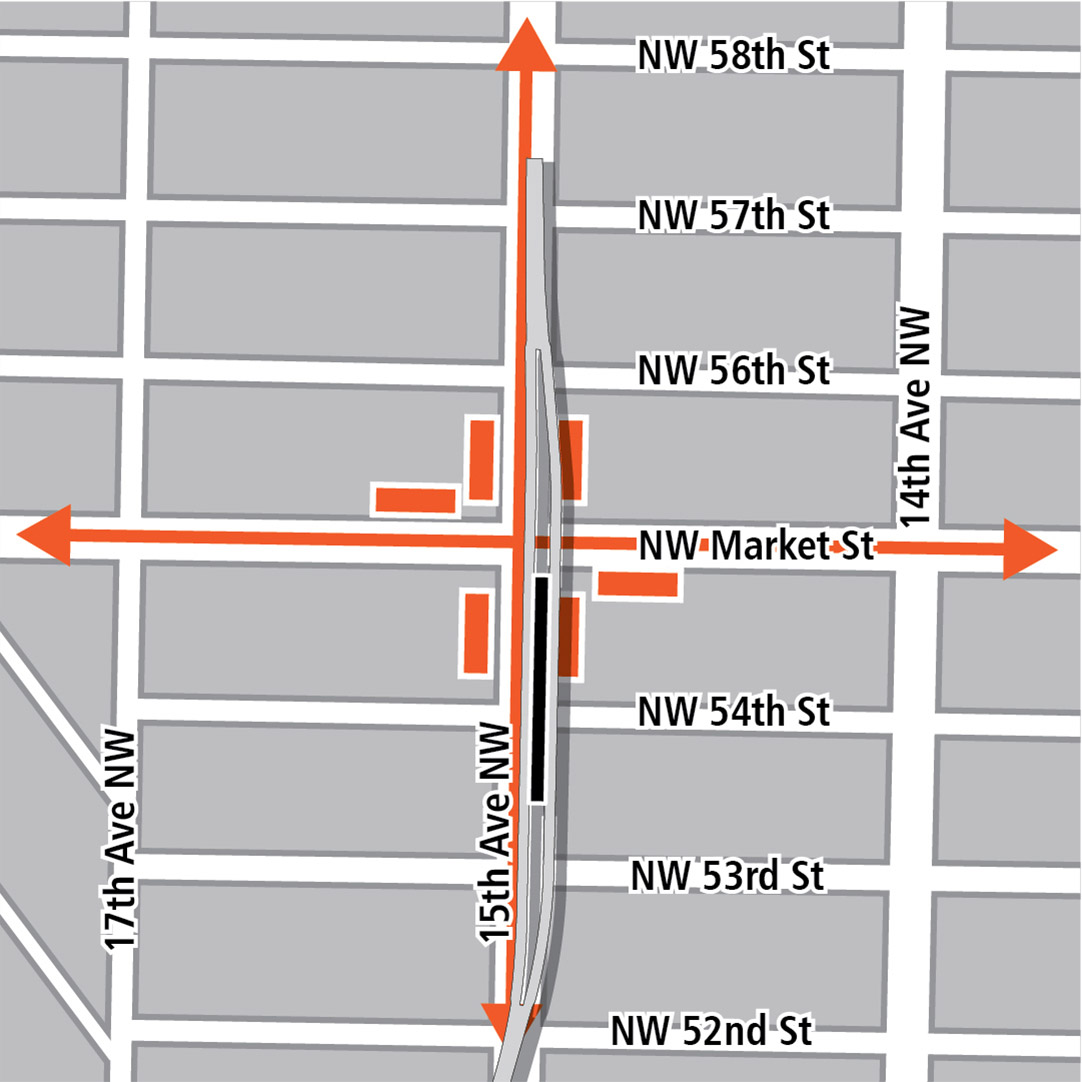 Mapa con rectángulo negro que indica la ubicación de la estación en 15th Avenue Northwest, rectángulos anaranjados que indican paradas de autobús y líneas anaranjadas que indican rutas de autobús. 