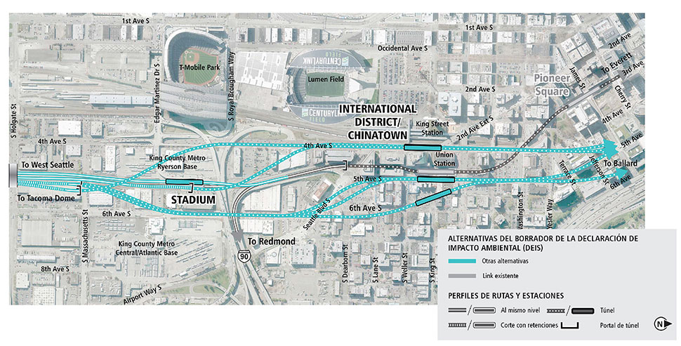 Map of Chinatown-International District station in Seattle with blue lines for other Draft EIS alternatives. Lines indicate tunnel alternatives. See text description below for additional details. Click to enlarge