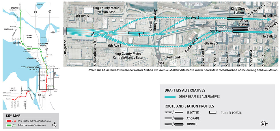 Seattle的Chinatown-International District车站地图，其他《环境影响报告草案》(EIS草案) 备选方案以蓝线表示。线条表示隧道备选方案。更多详细信息请参阅以下文字说明。 点击放大 (PDF)