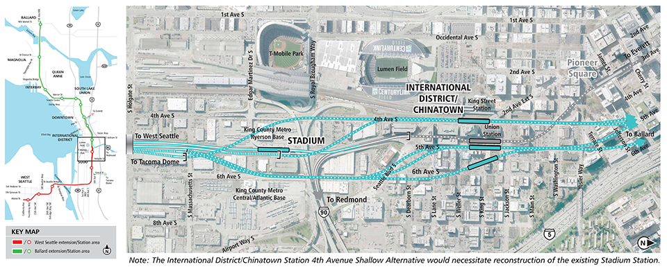 Map of Chinatown-International District station in Seattle with blue lines for other Draft EIS alternatives. Lines indicate tunnel alternatives. See text description below for additional details. Click to enlarge (PDF) 