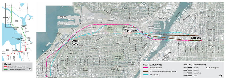 Map of Ballard, Interbay and Smith Cove stations in northwest Seattle showing pink line for preferred alternatives, brown lines for preferred alternatives with third party funding, and blue lines for other Draft EIS alternatives. Lines indicate elevated, at-grade and tunnel alternatives. See text description below for additional details. Click to enlarge (PDF)
