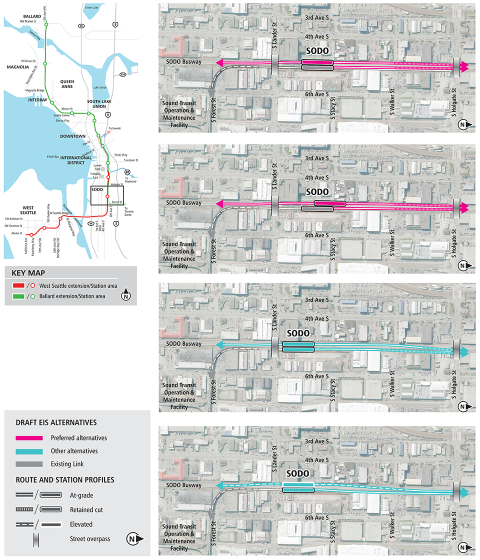 Map of SODO Seattle showing pink line for preferred alternatives and blue lines for other Draft EIS alternatives. Lines indicate elevated, and at-grade alternatives. See text description below for additional details. Click to enlarge (PDF)