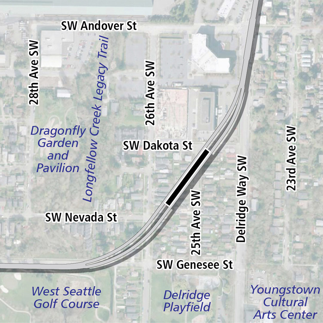Map with black rectangle indicating station location on a diagonal between Southwest Dakota Street and Southwest Genesee Street. Map labels show Dragonfly Garden and Pavilion, Longfellow Creek Legacy Trail, West Seattle Golf Course, Delridge Playfield and Youngstown Cultural Arts Center nearby. 