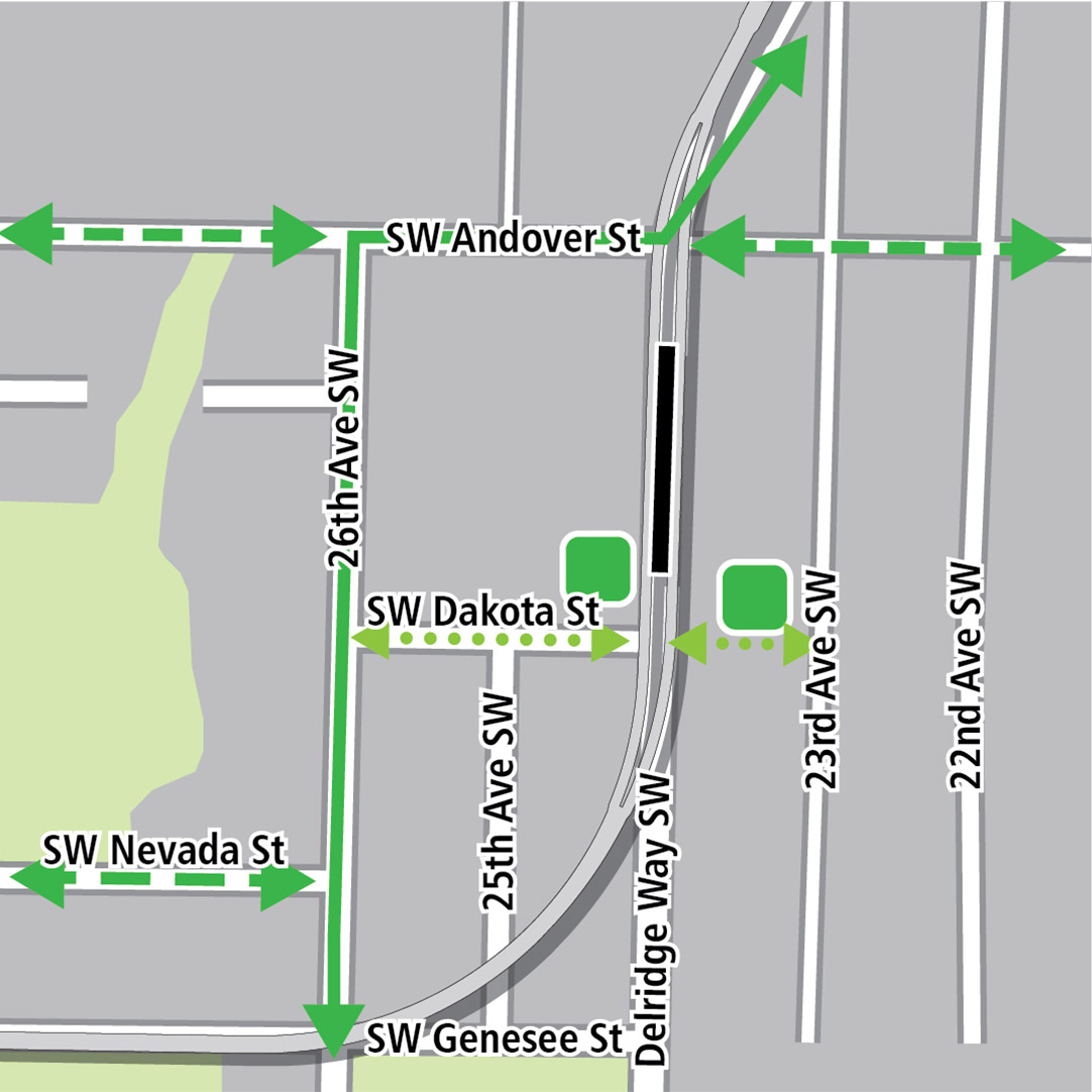 Vẽ bản đồ có hình chữ nhật màu đen biểu thị vị trí trạm ga ở Delridge Way Southwest, các đường màu xanh lá biểu thị các tuyến đường dành cho xe đạp hiện có, các đường gạch ngang màu xanh lá cây biểu thị các tuyến đường xe đạp theo kế hoạch và hình vuông màu xanh lá cây biểu thị khu vực để xe đạp. Các đường màu xanh lá cây chấm bổ sung biểu thị các kết nối tiềm năng dành cho xe đạp phía Southwest Dakota Street từ 26th Avenue Southwest đến 23rd Avenue Southwest.