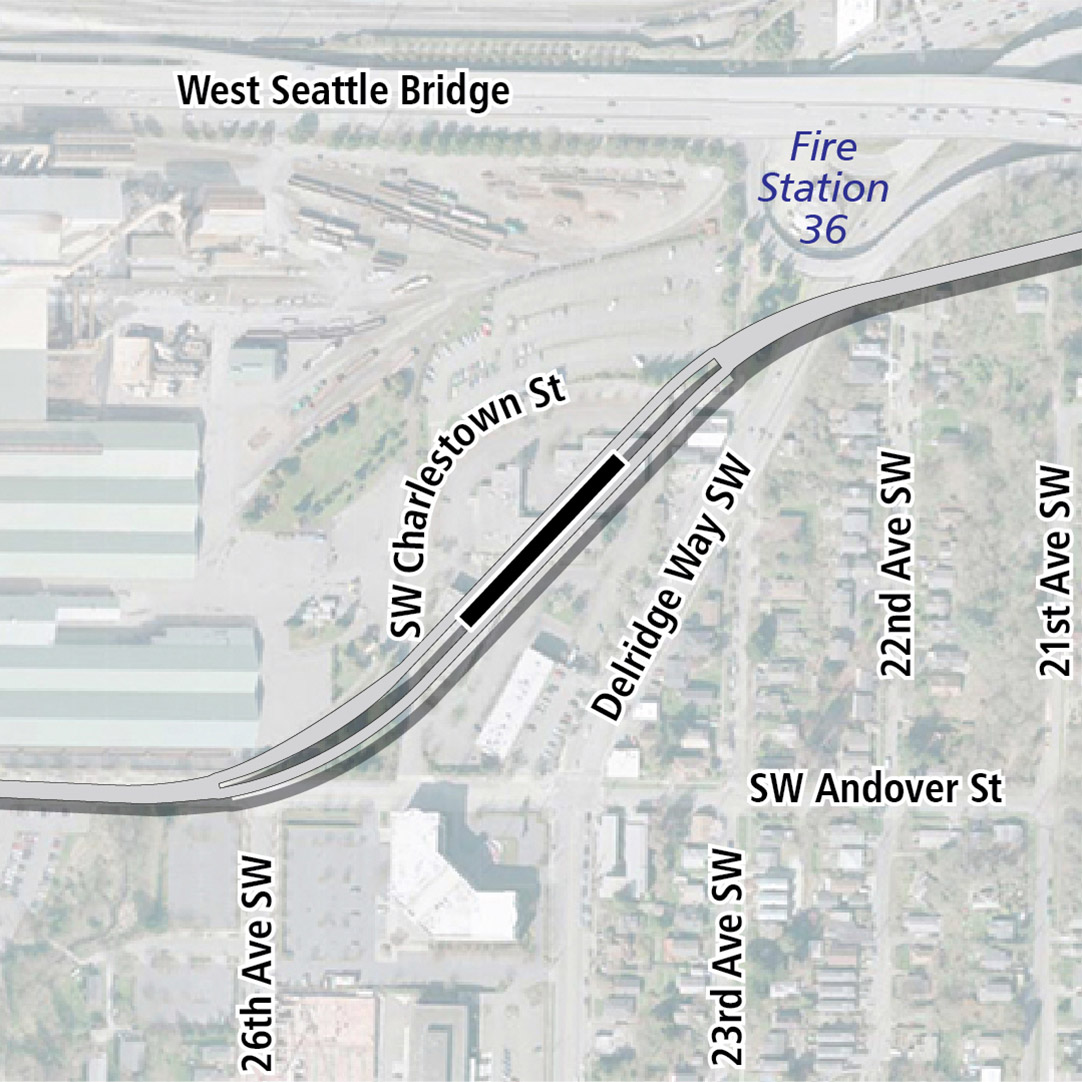 Mapa con un rectángulo negro que indica la ubicación de la estación al norte de Southwest Andover Street sobre una diagonal que corre más o menos paralela a Delridge Way Southwest. Las etiquetas del mapa muestran la estación de bomberos 36 y Nucor en las cercanías.