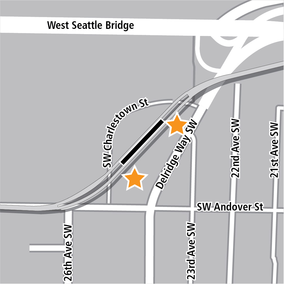 Bản đồ có hình chữ nhật màu đen biểu thị vị trí trạm ga ở phía Bắc Southwest Andover Street trên một đường chéo gần song song với Delridge Way Southwest và các ngôi sao màu vàng biểu thị hai lối vào trạm ga. 