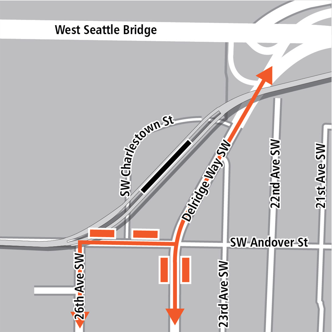 Mapa con un rectángulo negro que indica la ubicación de la estación al norte de Southwest Andover Street sobre una diagonal que corre más o menos paralela a Delridge Way Southwest, rectángulos anaranjados que indican paradas de autobús y líneas anaranjadas que indican rutas de autobús sobre 26th Avenue Southwest, Southwest Andover Street y Delridge Way Southwest.