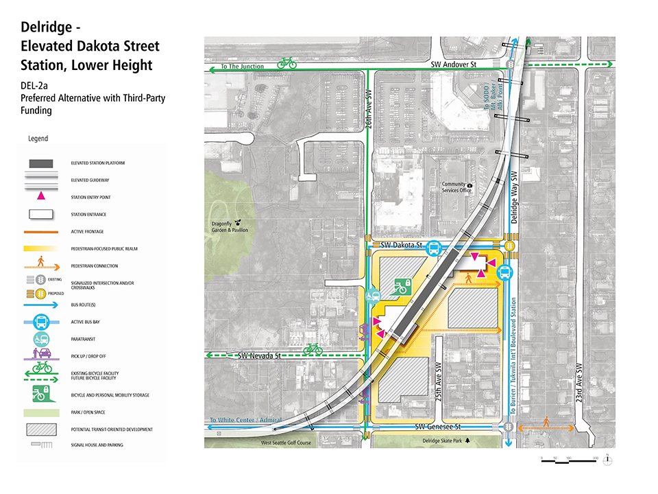 A map that describes how pedestrians, bus riders, streetcar riders, bicyclists, and drivers could access the Delridge - Elevated Dakota Street Station, Lower Height Alternative.
