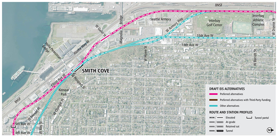 Map of Smith Cove station in northwest Seattle showing a pink line for preferred alternatives and blue lines for other Draft EIS alternatives. Lines indicate elevated, at-grade and tunnel alternatives. See text description below for additional details.