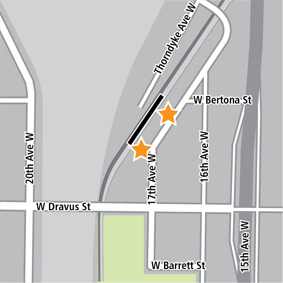 Mapa con rectángulo negro que indica las ubicaciones de las estaciones en 17th Avenue West y estrellas amarillas que indican dos áreas de entrada a la estación.