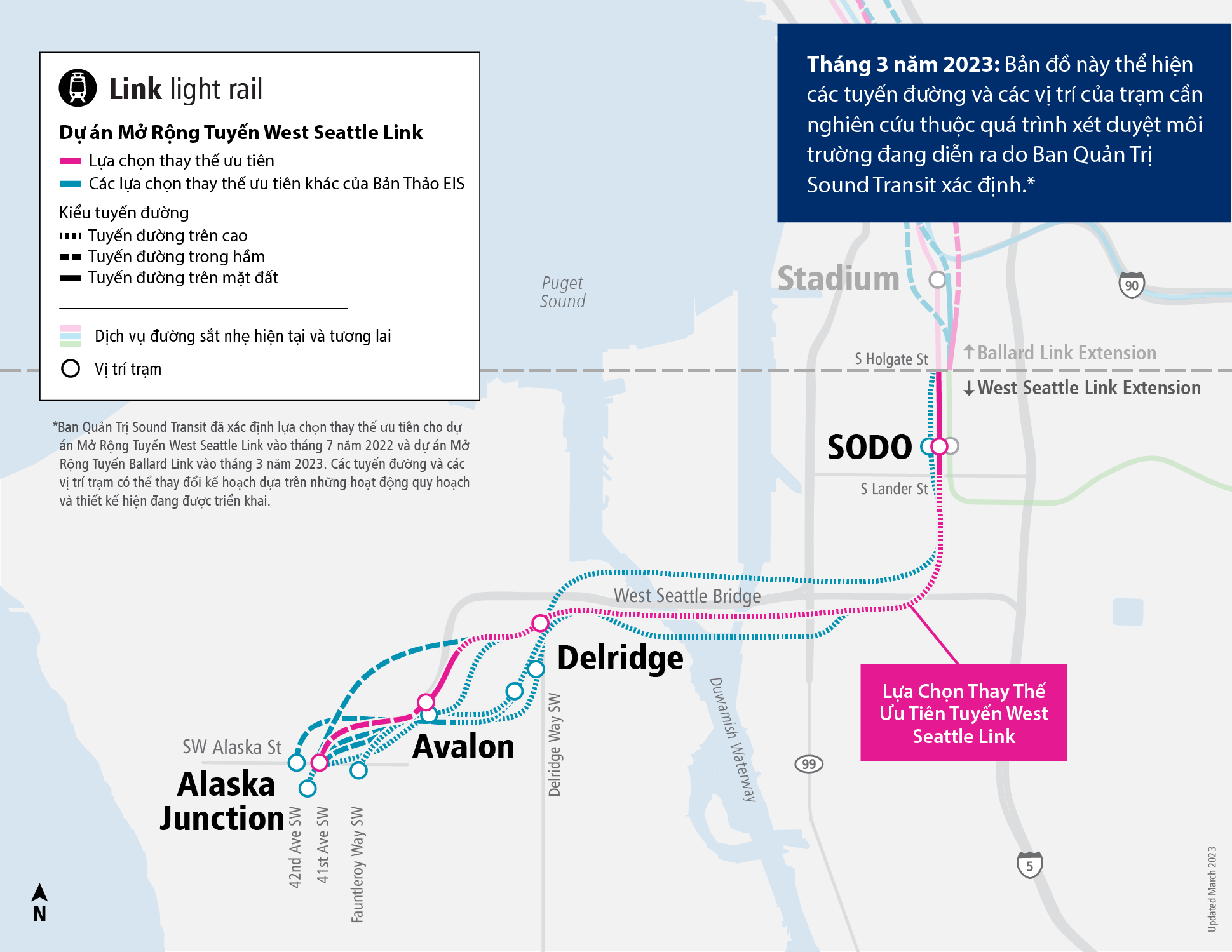 Hình ảnh minh hoạ bản đồ dự án Mở Rộng Tuyến West Seattle, trong đó trình bày các lựa chọn thay thế ưu tiên và những lựa chọn thay thế khác hiện đang được chúng tôi đánh giá. Bản đồ cũng bao gồm vị trí các trạm và mô tả liệu lựa chọn thay thế sẽ được bố trí trên cao, trong đường hầm hay đồng mức.