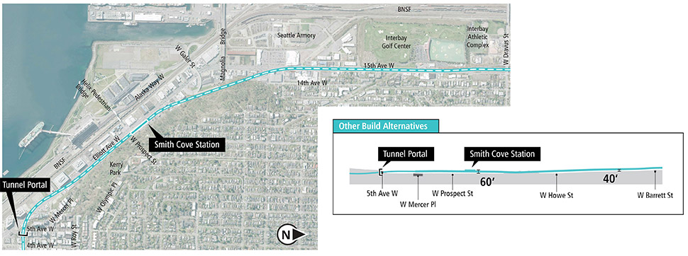 South Interbay (Smith Cove) 区段Prospect Street车站/15th Avenue备选方案的地图和剖面图,其中显示了拟议的路线和高架剖面图。更多详细信息请参阅以上文字说明。 点击放大 (PDF)