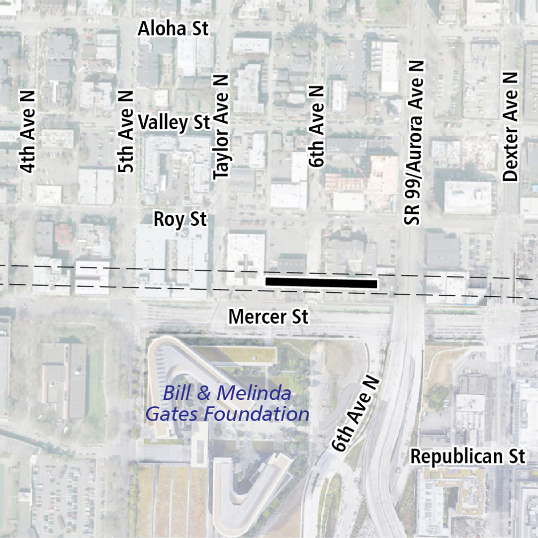 地图中黑色长方形表示位于Mercer Street上的车站位置。地图标签显示附近有比尔·盖兹与梅琳达·盖兹基金会 (Bill and Melinda Gates Foundation)。 