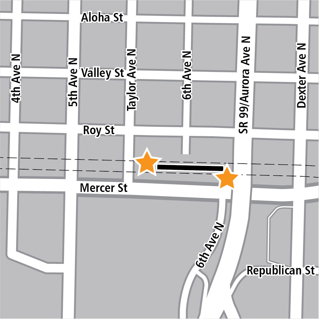 Map with black rectangle indicating station location on Mercer Street. A map label shows the Bill and Melinda Gates Foundation nearby.