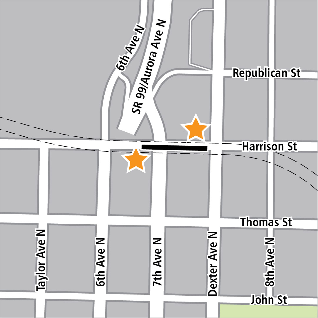 地圖上以黑色長方形標明位於Harrison Street上的車站位置，而黃色星號則表示兩個車站的入口區域。 