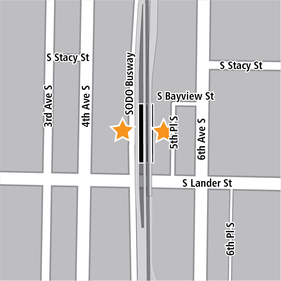 地圖上黑色長方形表示位於4th Avenue South和6th Avenue South之間的車站位置，而黃色星號則表示兩個車站的入口區域。 
