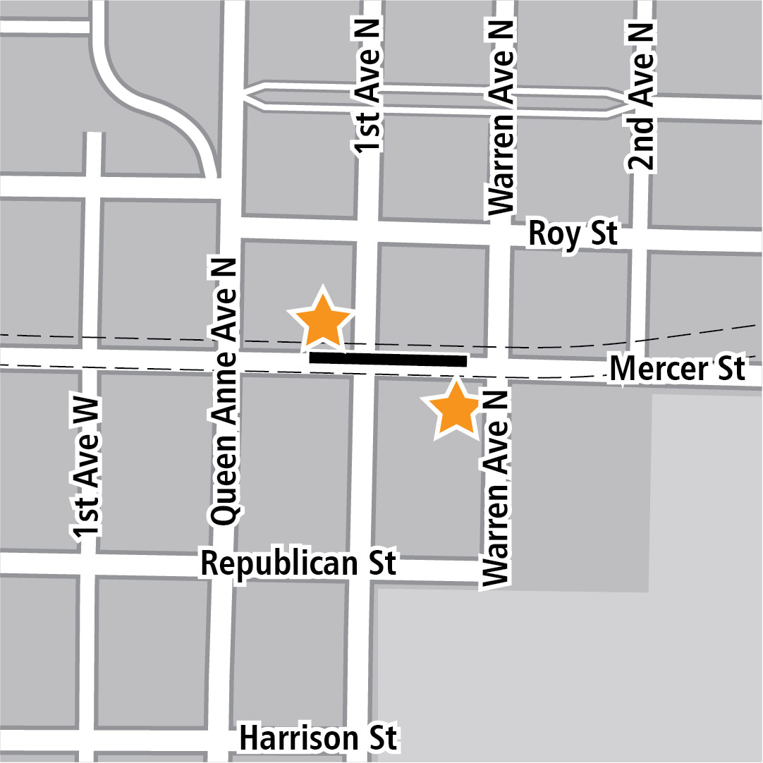 地圖上以黑色長方形標明位於Mercer Street上的車站位置，而黃色星號則表示兩個車站的入口區域。 