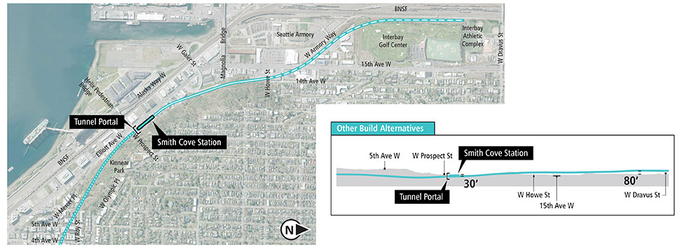 Mapa y perfil de la alternativa de la estación Prospect Street/Central Interbay en el segmento South Interbay (Smith Cove) que muestran la ruta y el perfil de elevación propuestos. Consulte la descripción anterior para conocer más detalles. Haga clic para ampliar (PDF)