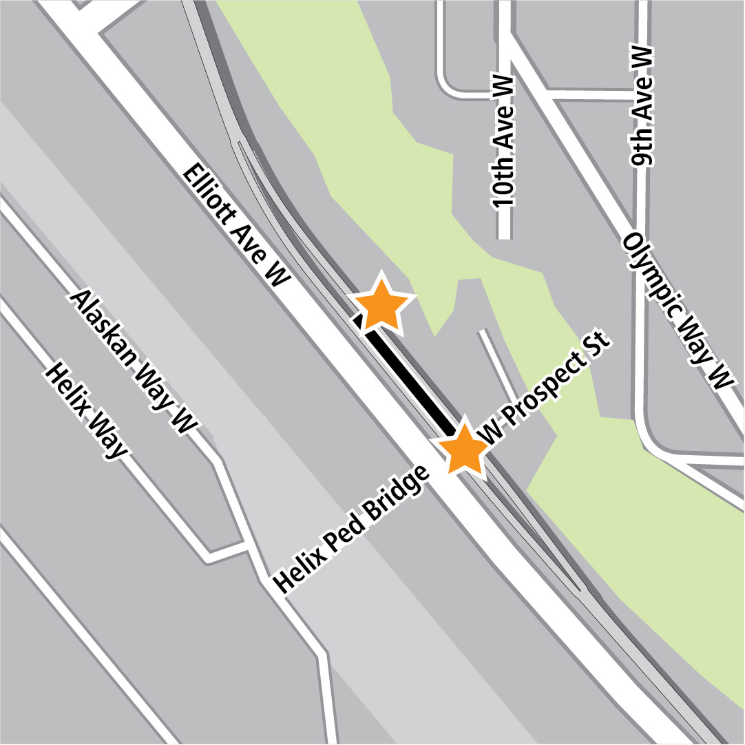 Vẽ bản đồ có hình chữ nhật màu đen biểu thị vị trí trạm ga ở Elliott Avenue West và các ngôi sao màu vàng biểu thị hai khu vực vào trạm ga.  