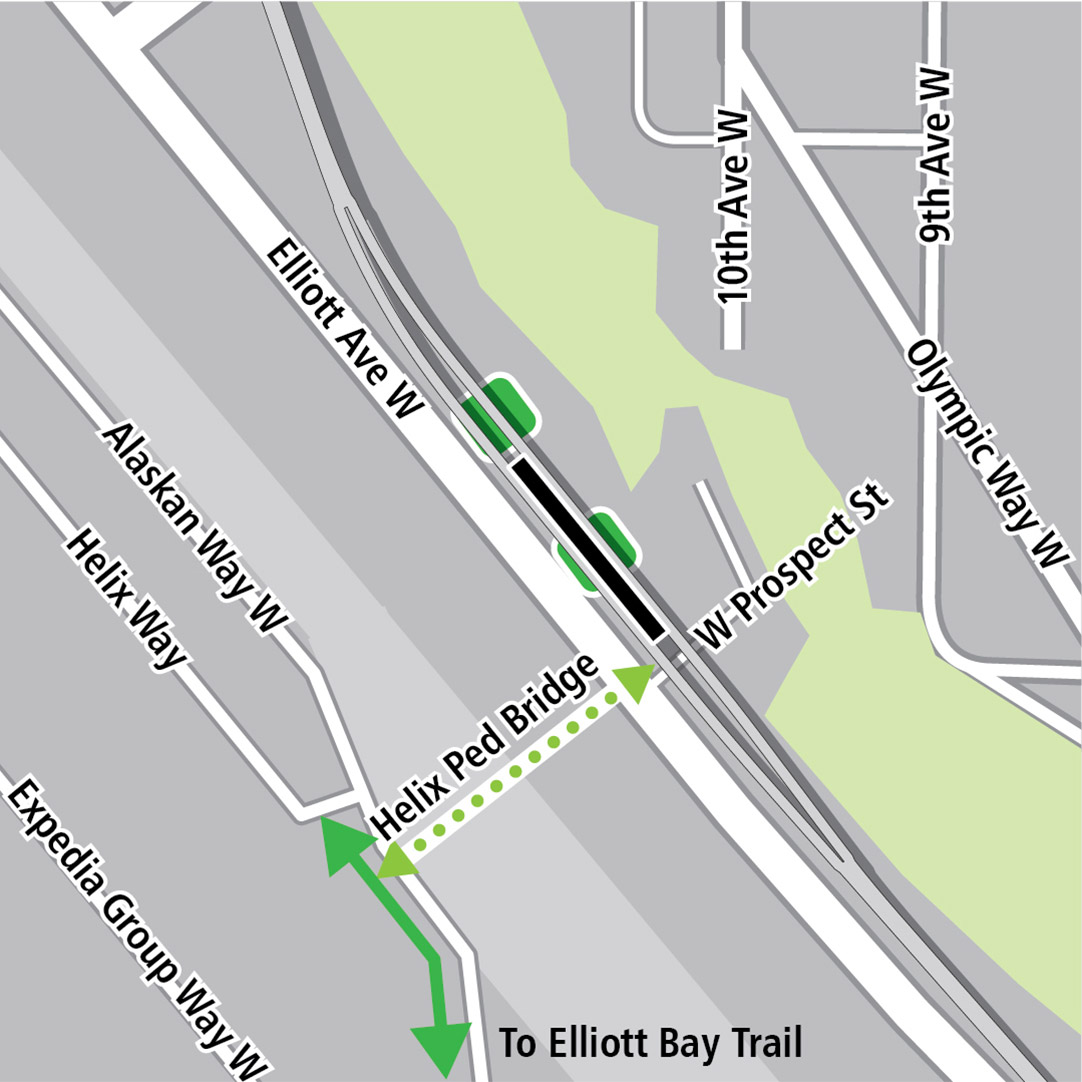 Map with black rectangle indicating station location on Elliott Avenue West, a dashed green line indicated a planned bike route along Elliot Ave W, a dashed light green line indicating a potential bike connection and green squares indicating a bike storage area.