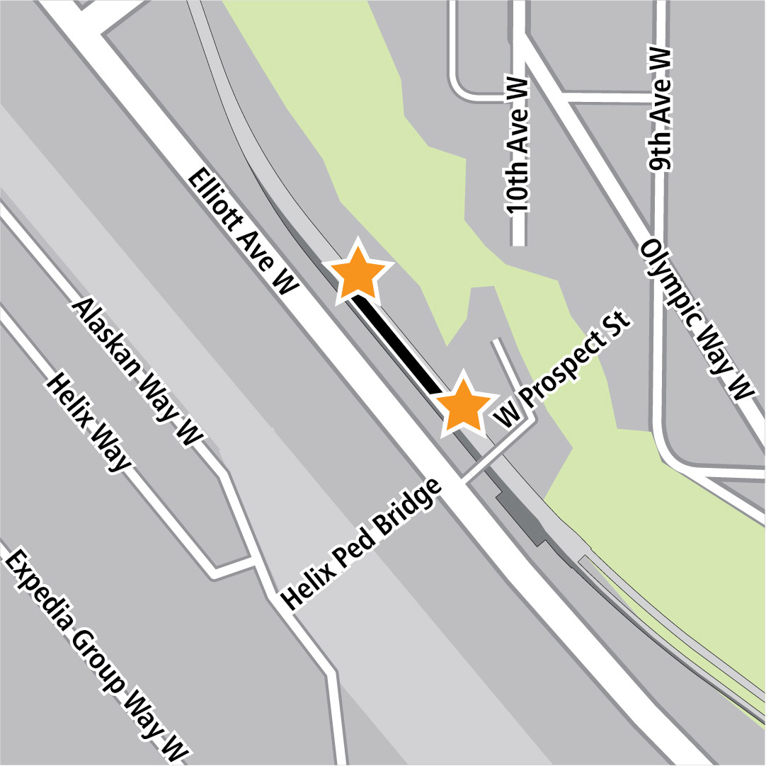 Vẽ bản đồ có hình chữ nhật màu đen biểu thị vị trí trạm ga ở Elliott Avenue West và các ngôi sao màu vàng biểu thị hai khu vực vào trạm ga. 
