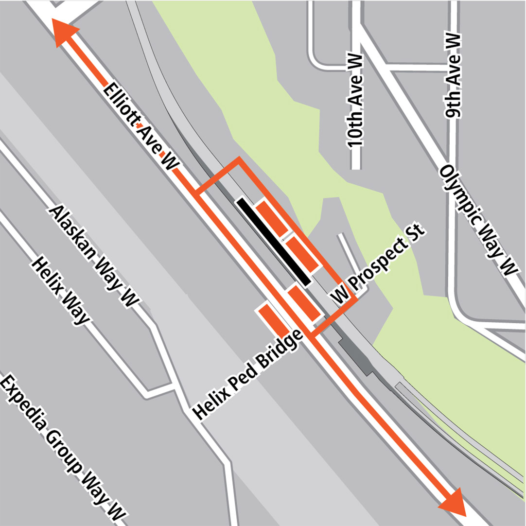 地图上黑色长方形表示Elliott Avenue West的车站位置，橘色长方形表示公车站，而橘色线条表示位于Elliott Avenue West和车站交通环道的公交车路线。