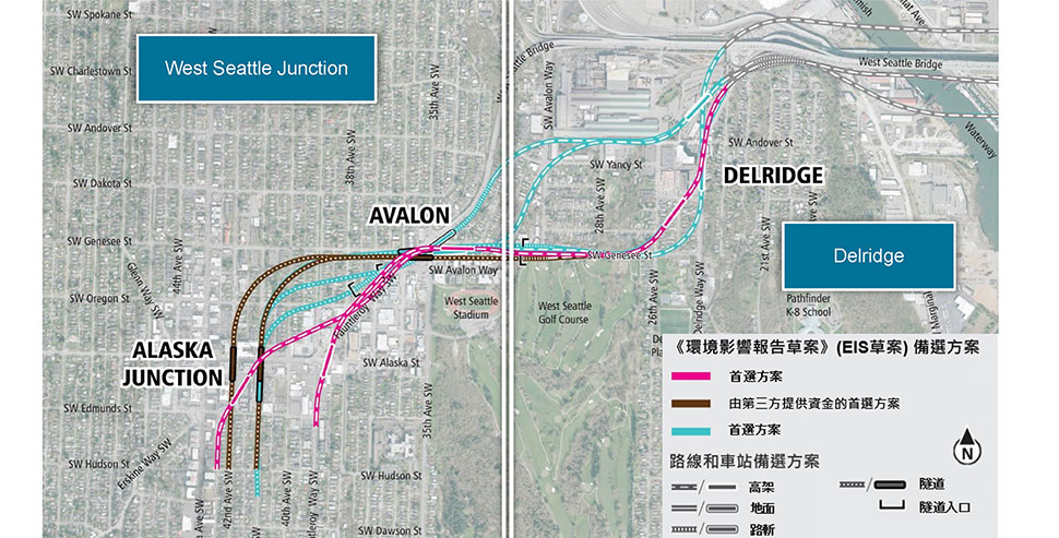 Seattle西南部的Delridge、Avalon和Alaska Junction車站地圖，其中粉紅色線代表首選方案、棕色線代表由第三方出資的首選方案，而藍色線代表其他《環境影響報告草案》(EIS草案) 備選方案。線條表示高架、地面和隧道的替代方案。更多詳細資訊請參閱以下文字說明。