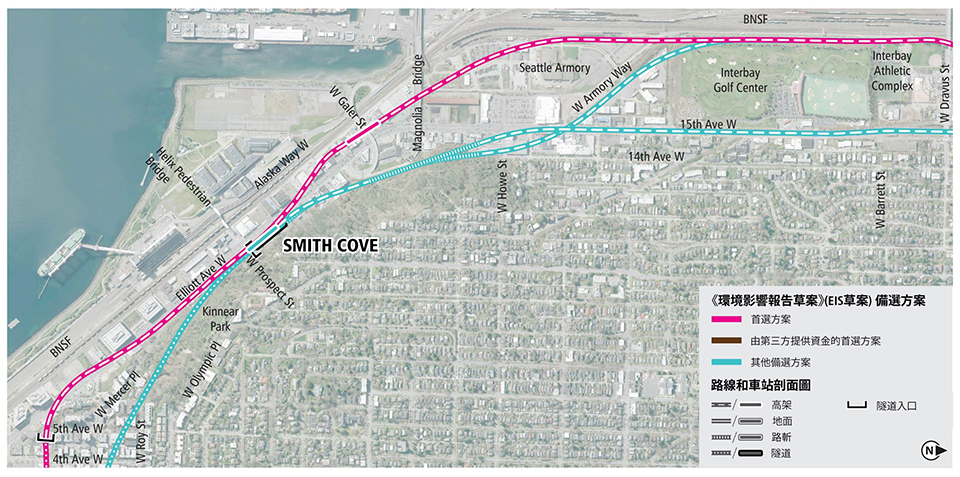 Map of Ballard, Interbay and Smith Cove stations in northwest Seattle showing pink line for preferred alternatives, brown lines for preferred alternatives with third party funding, and blue lines for other Draft EIS alternatives. Lines indicate elevated, at-grade and tunnel alternatives. See text description below for additional details. Click to enlarge